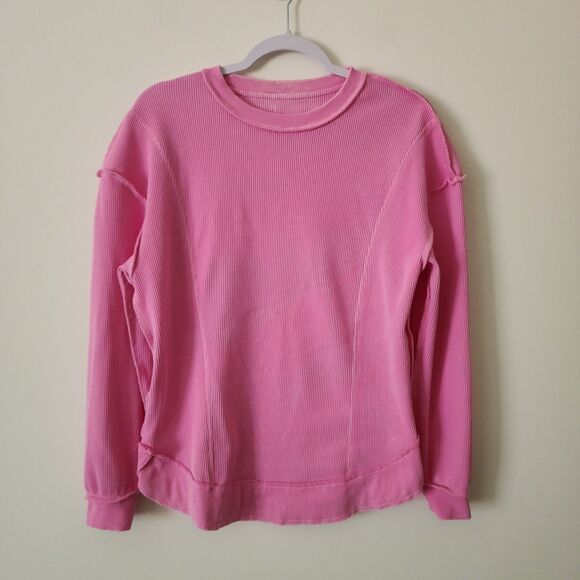 Sunnyside by Sundry Waffle-Knit Lounge Top Fuschia Pink Distressed Womens Size S - Picture 3 of 7